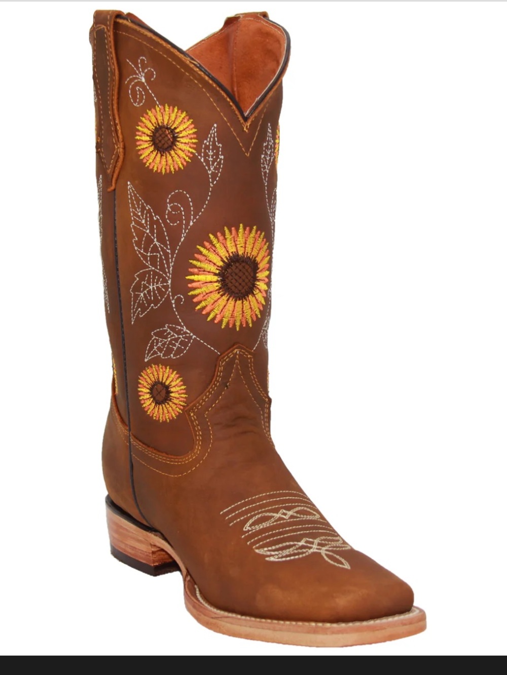 Sunflower Embroidered Brown Leather Cowboy Boots - Women's Heeled Boots
